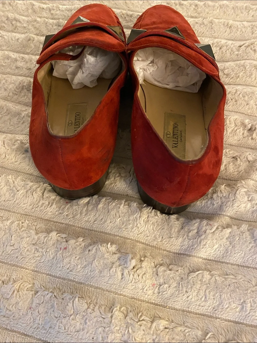 Valentino Red Suede Loafers with Pyramid Studs